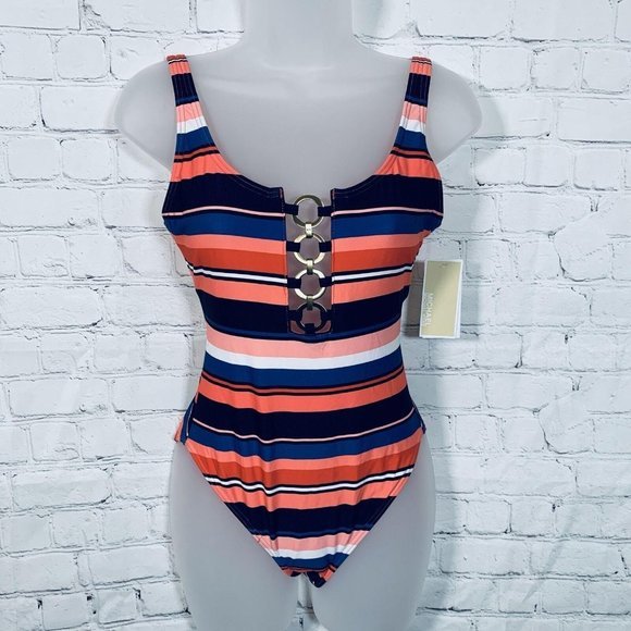 Michael Kors Other - ☀️Michael Kors Striped Chain-Ring One-Piece Swimsuit Persimmon Multi Size 4 NWT